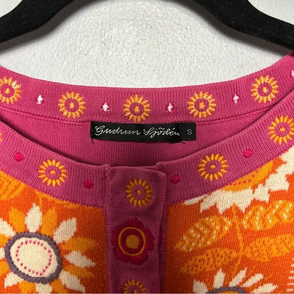 Gudrun Sjoden Floral Cardigan Sweater Cropped Size Small Orange - Picture 3 of 3